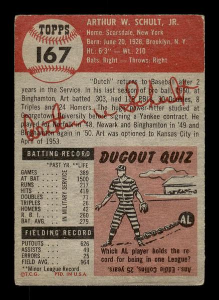 1953 Topps #167 Art Schult New York Yankees Crease Free EX HOF-10006452