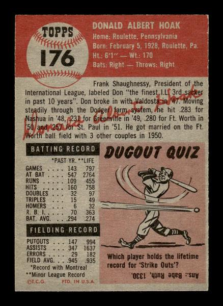 1953 Topps #176 Don Hoak Brooklyn Dodgers Crease Free EX HOF-10006461
