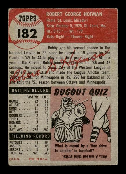 1953 Topps #182 Bobby Hofman New York Giants VG HOF-10006467