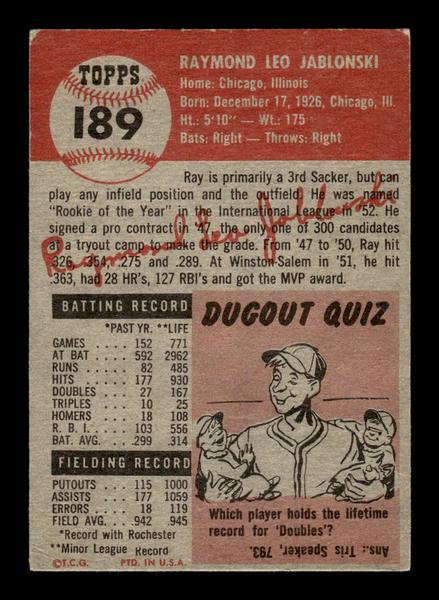 1953 Topps #189 Ray Jablonski St. Louis Cardinals Crease Free VGEX HOF-10006474