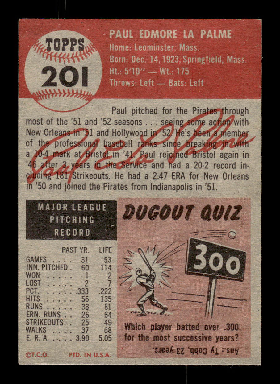 1953 Topps #201 Paul LaPalme Pittsburgh Pirates Crease Free EXMT HOF-10006558