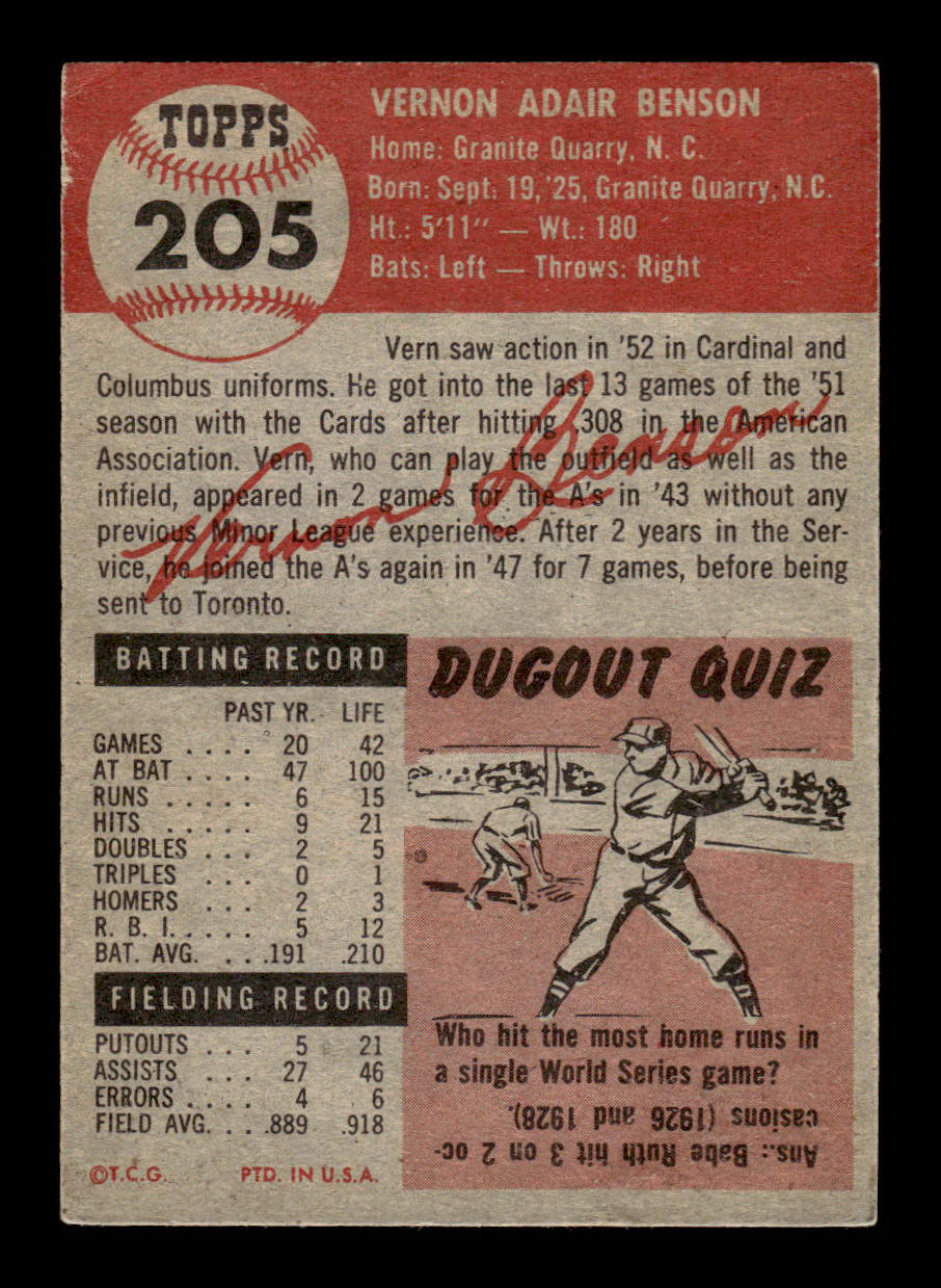 1953 Topps #205 Vern Benson St. Louis Cardinals Crease Free EX HOF-10006562