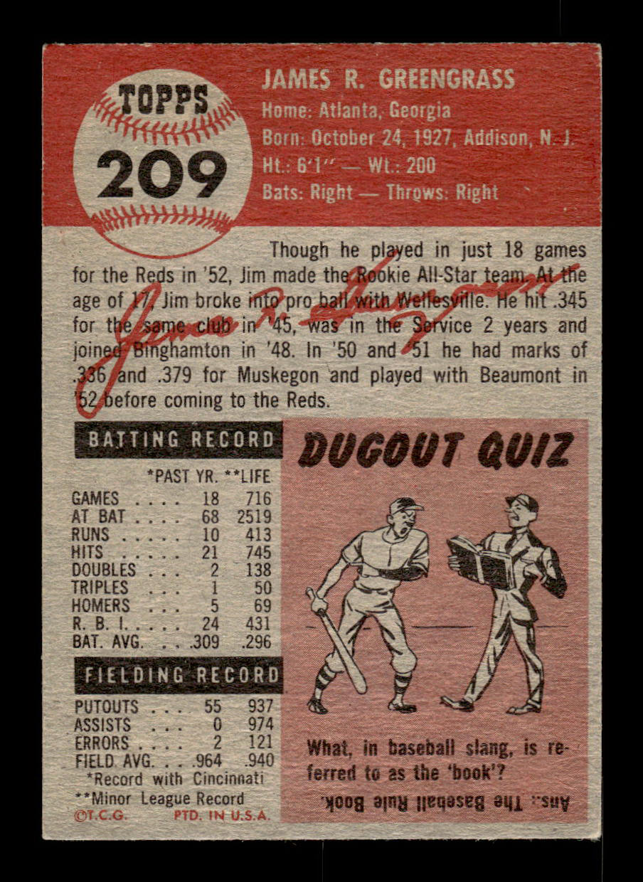 1953 Topps #209 Jim Greengrass Cincinnati Reds VGEX HOF-10006566