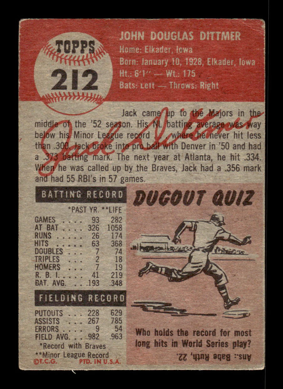 1953 Topps #212 Jack Dittmer Milwaukee Braves Crease Free VGEX HOF-10006569