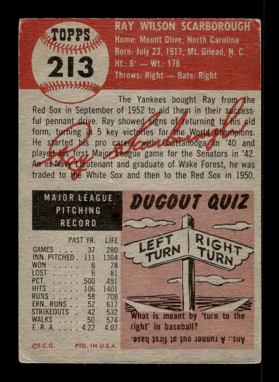 1953 Topps #213 Ray Scarborough New York Yankees VG HOF-10006570