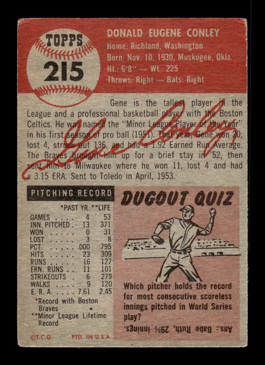 1953 Topps #215 Gene Conley Milwaukee Braves Crease Free EX HOF-10006572