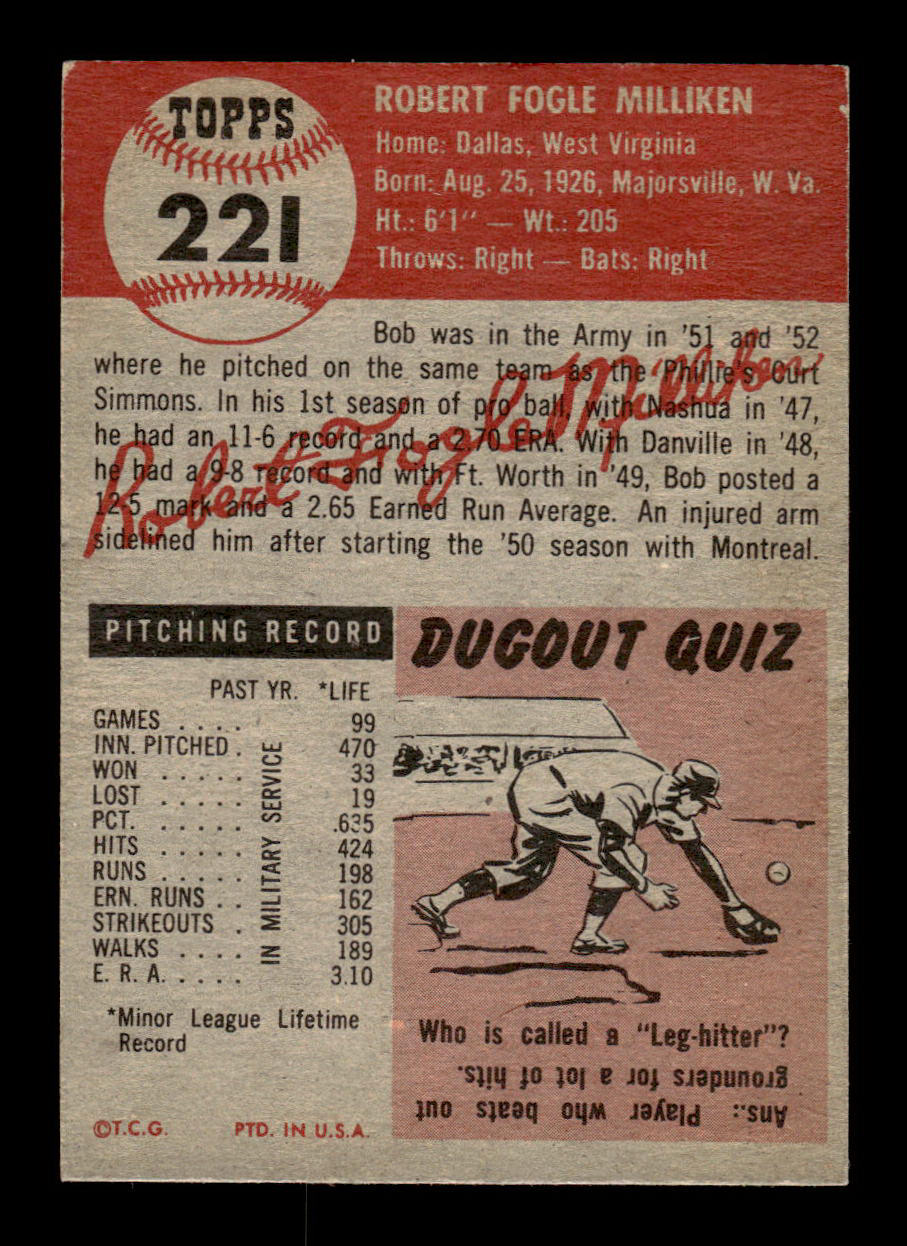 1953 Topps #221 Bob Milliken Brooklyn Dodgers Crease Free EX HOF-10006577