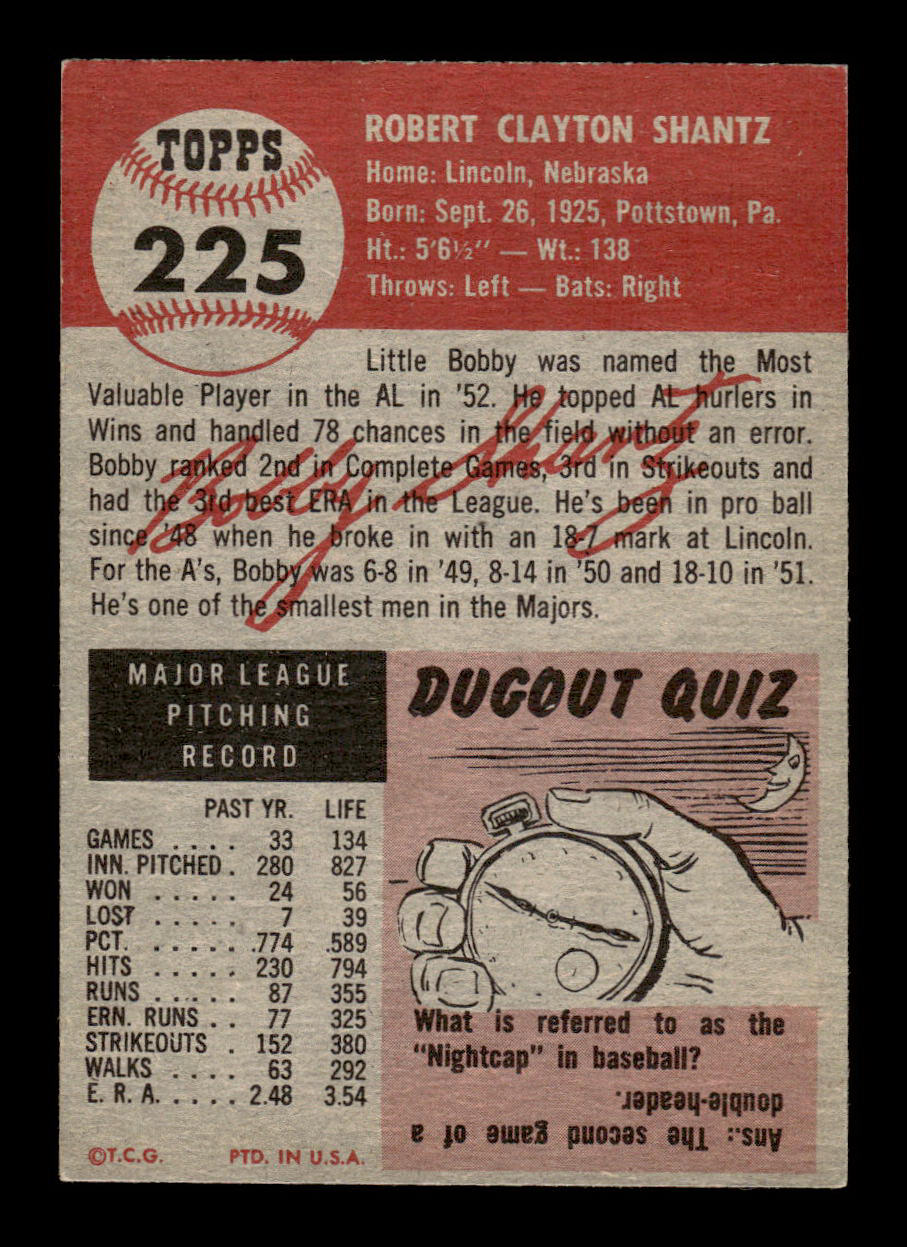 1953 Topps #225 Bobby Shantz Philadelphia Athletics VG HOF-10006581