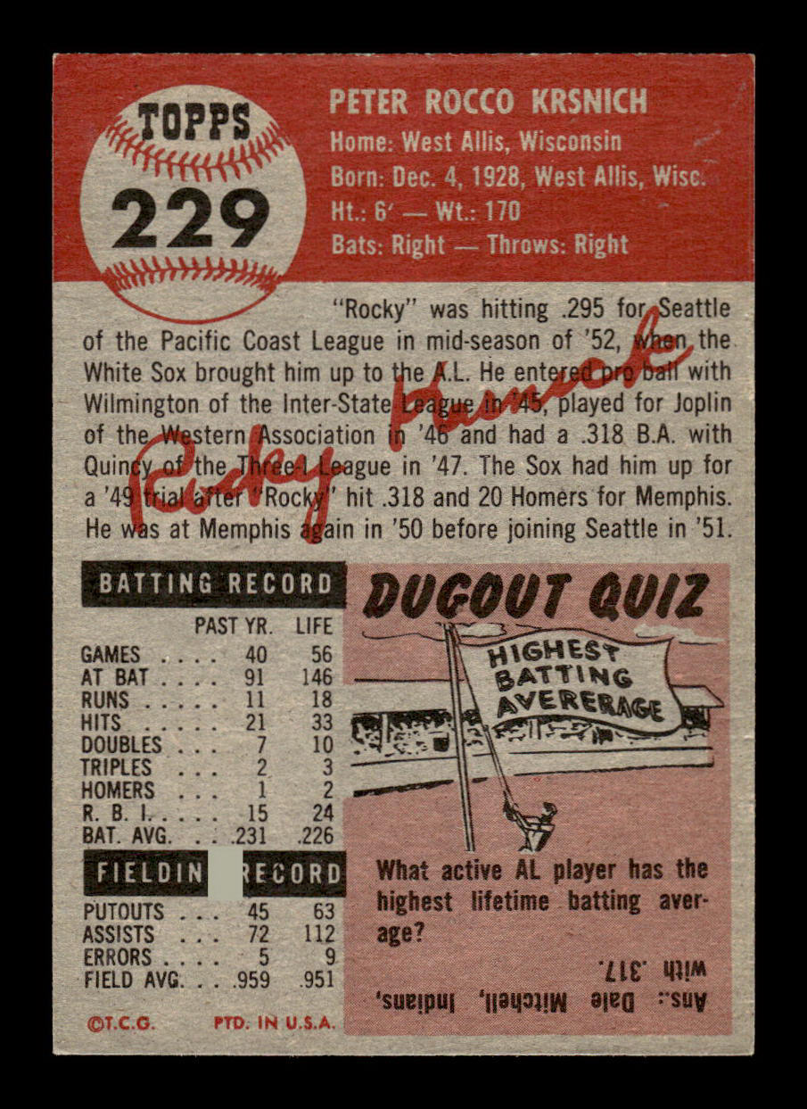 1953 Topps #229 Rocky Krsnich Chicago White Sox Crease Free EX HOF-10006585