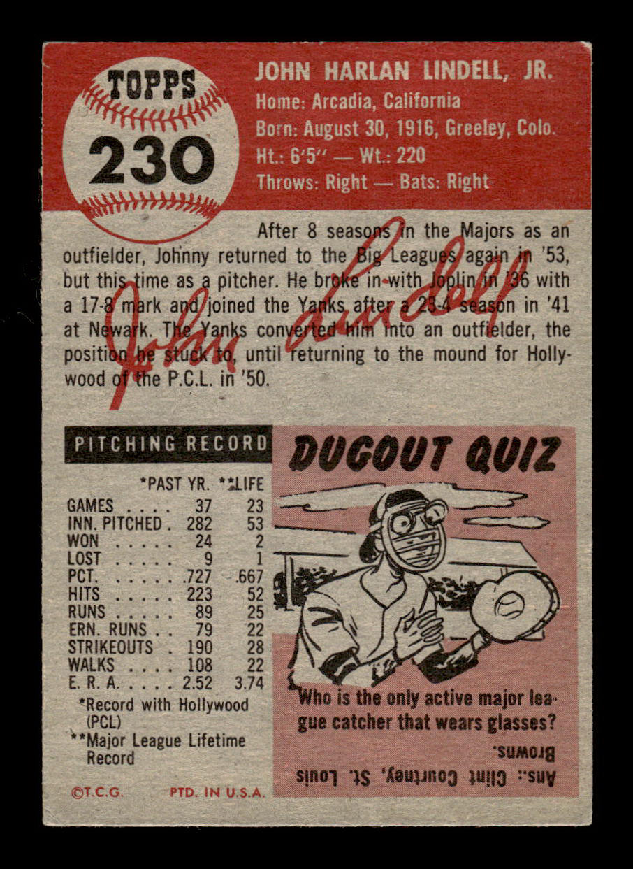 1953 Topps #230 Johnny Lindell Pittsburgh Pirates Crease Free EX HOF-10006586