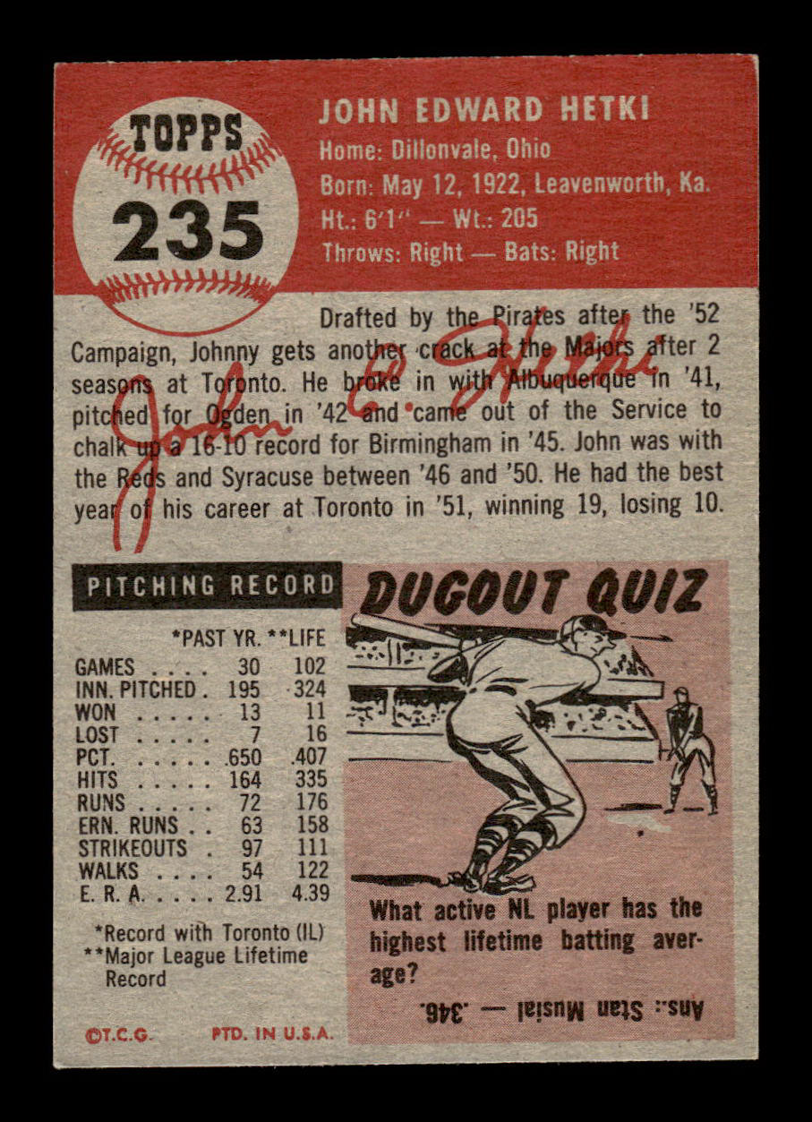 1953 Topps #235 John Hetki Pittsburgh Pirates Crease Free EX HOF-10006591