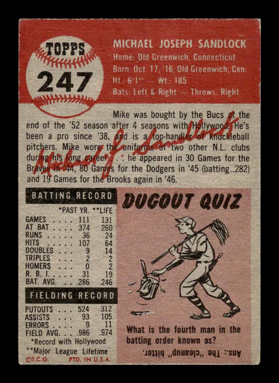 1953 Topps #247 Mike Sandlock Pittsburgh Pirates Crease Free EX HOF-10006602