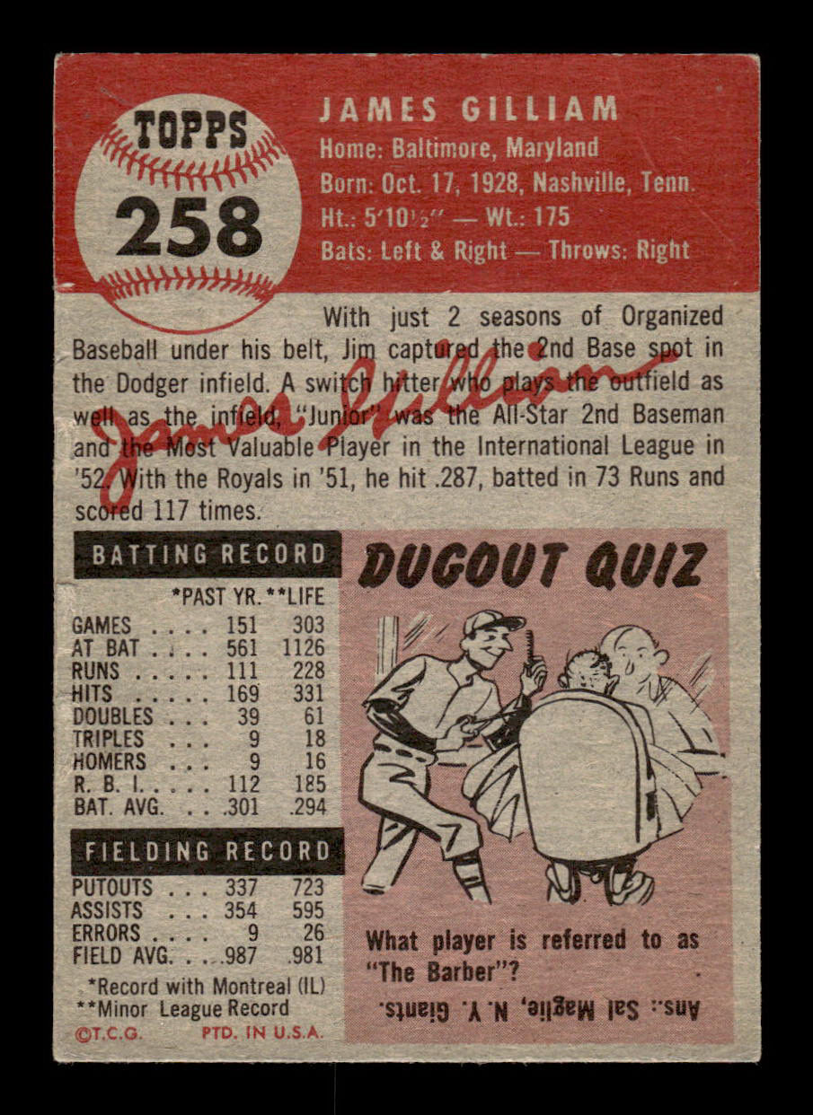 1953 Topps #258 Jim Gilliam Brooklyn Dodgers VG HOF-10006612