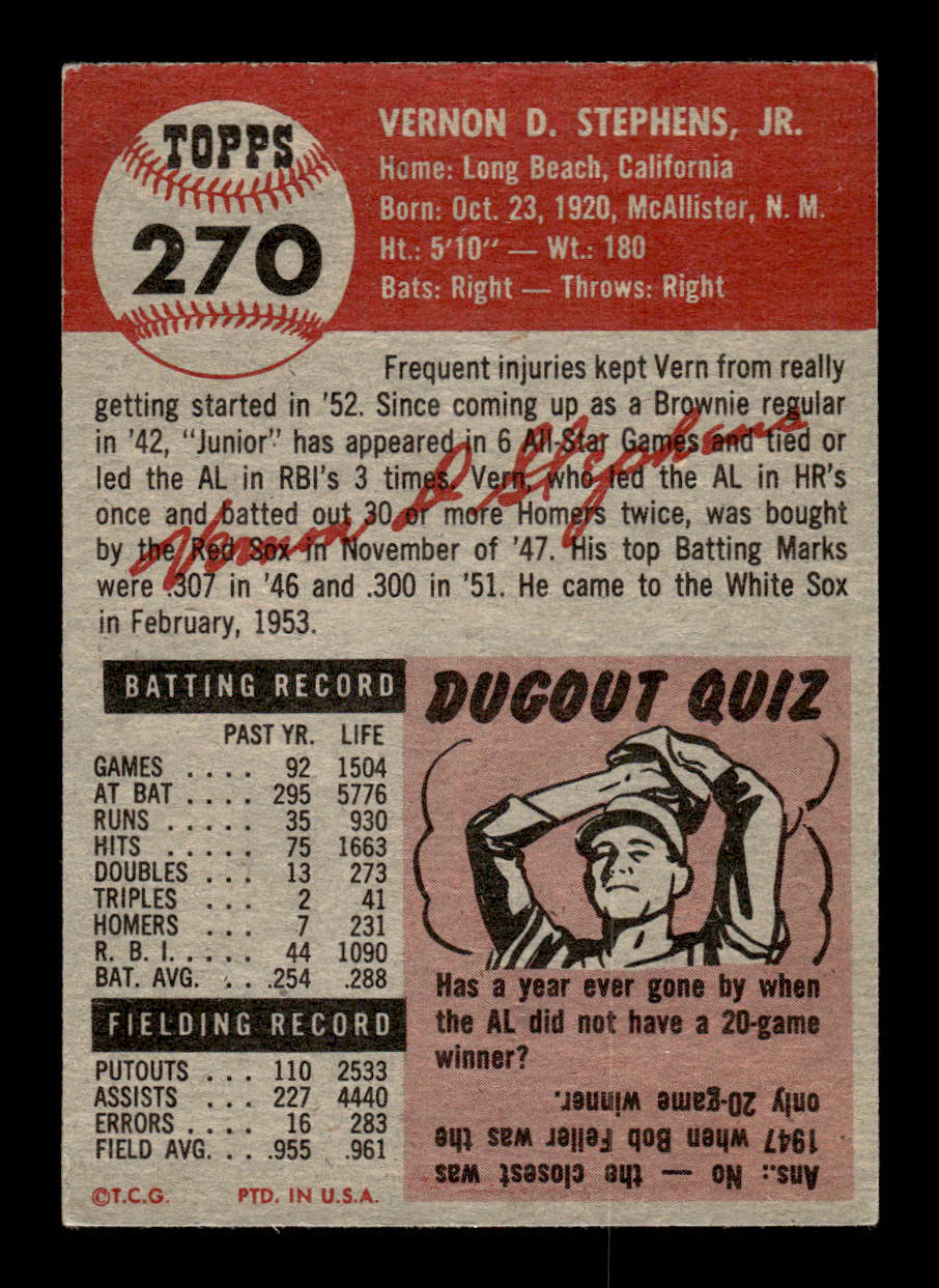 1953 Topps #270 Vern Stephens Chicago White Sox Crease Free EX HOF-10006621