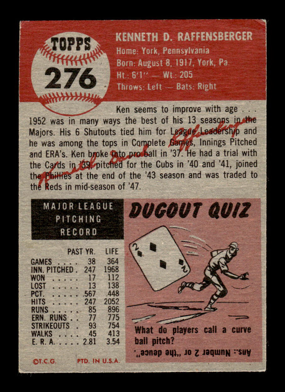 1953 Topps #276 Ken Raffensberger Cincinnati Reds VGEX HOF-10006625