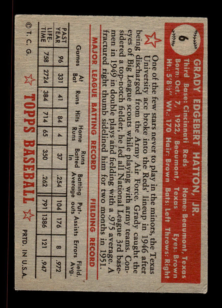 1952 Topps #6 Grady Hatton Cincinnati Reds Crease Free EX HOF-10006635