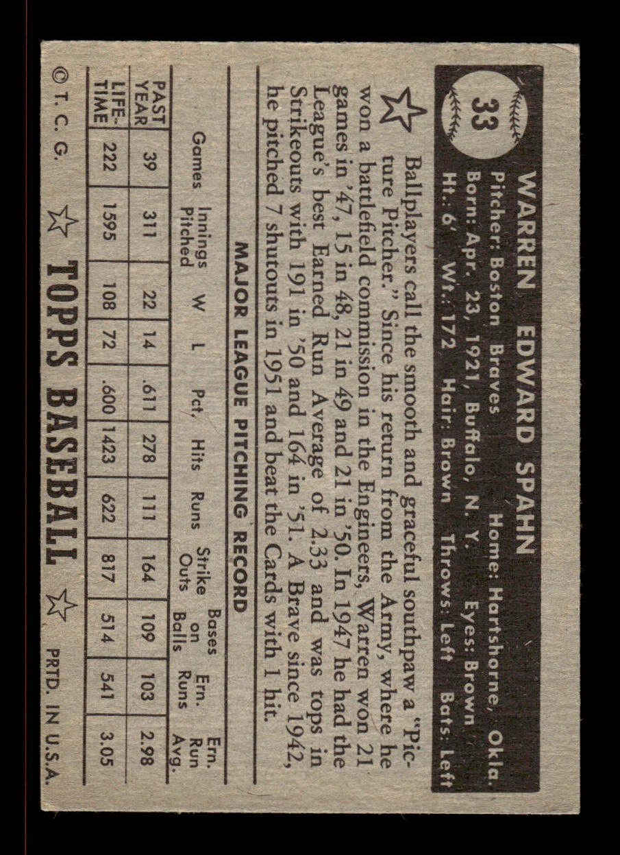 1952 Topps #33 black Warren Spahn Boston Braves Crease Free EX HOF-10006660