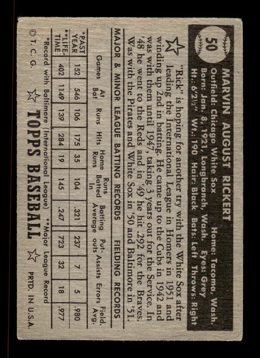 1952 Topps #50 black Marv Rickert Chicago White Sox VGEX HOF-10006677