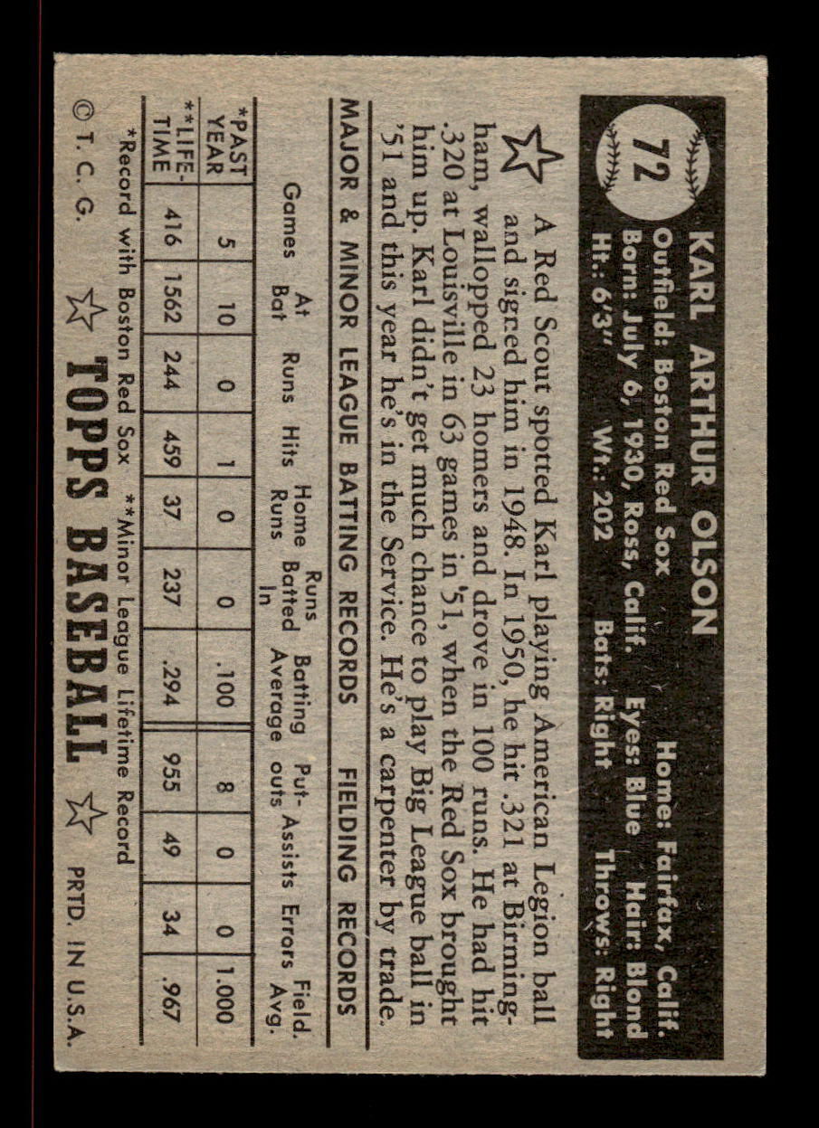 1952 Topps #72 black Karl Olson Boston Red Sox Crease Free EX HOF-10006698
