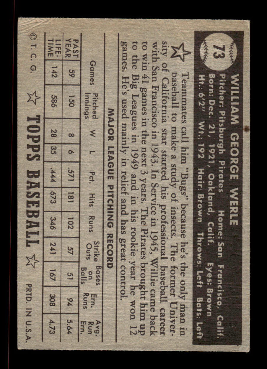 1952 Topps #73 black Bill Werle Pittsburgh Pirates VG HOF-10006699