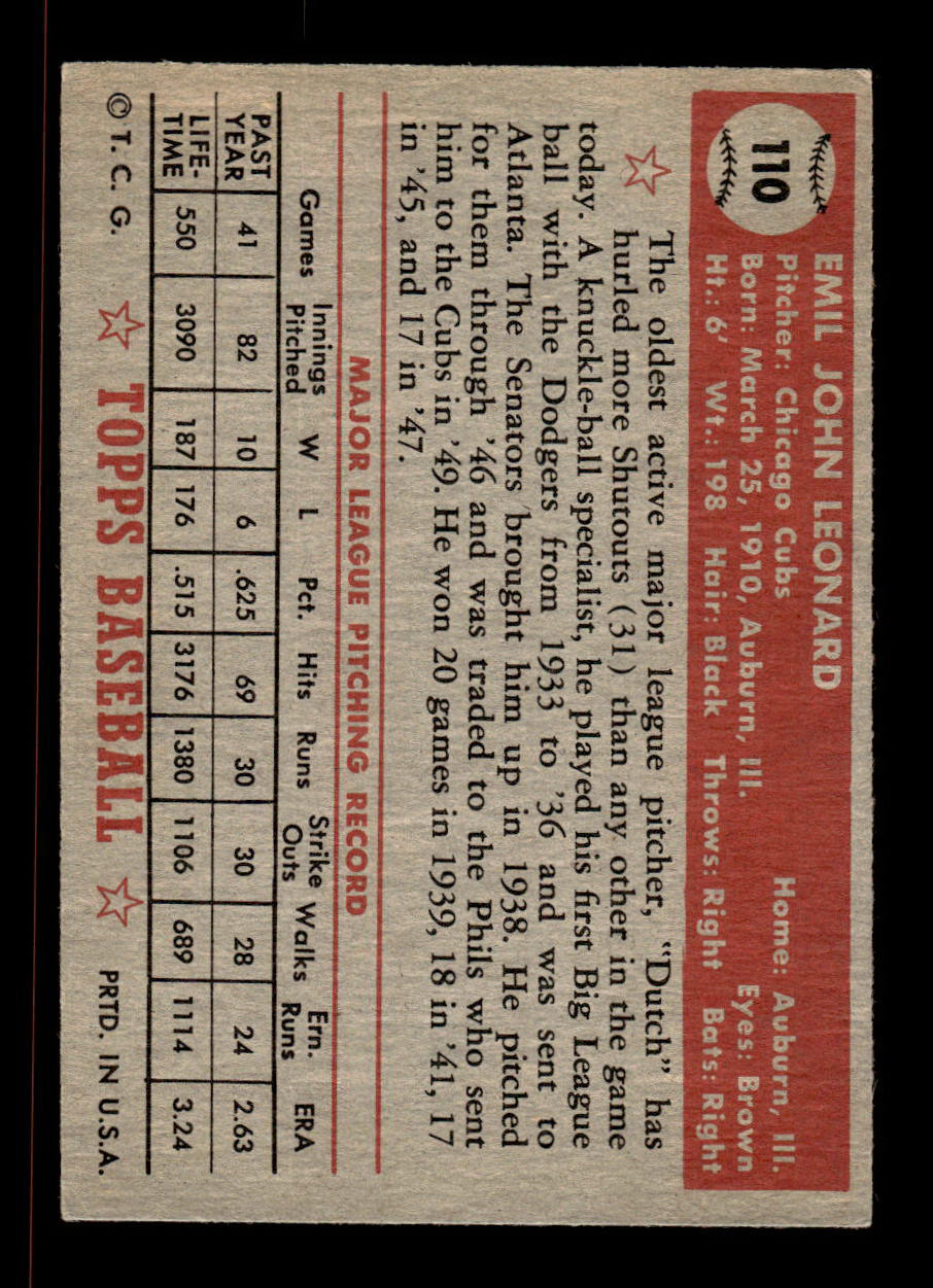 1952 Topps #110 Dutch Leonard Chicago Cubs Crease Free EX HOF-10006736