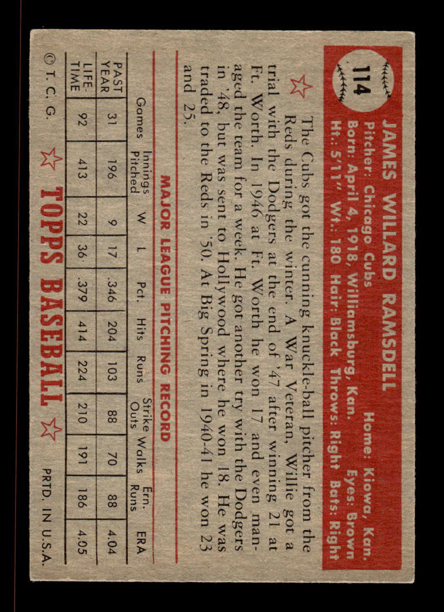 1952 Topps #114 Willard Ramsdell Chicago Cubs Crease Free EX HOF-10006740