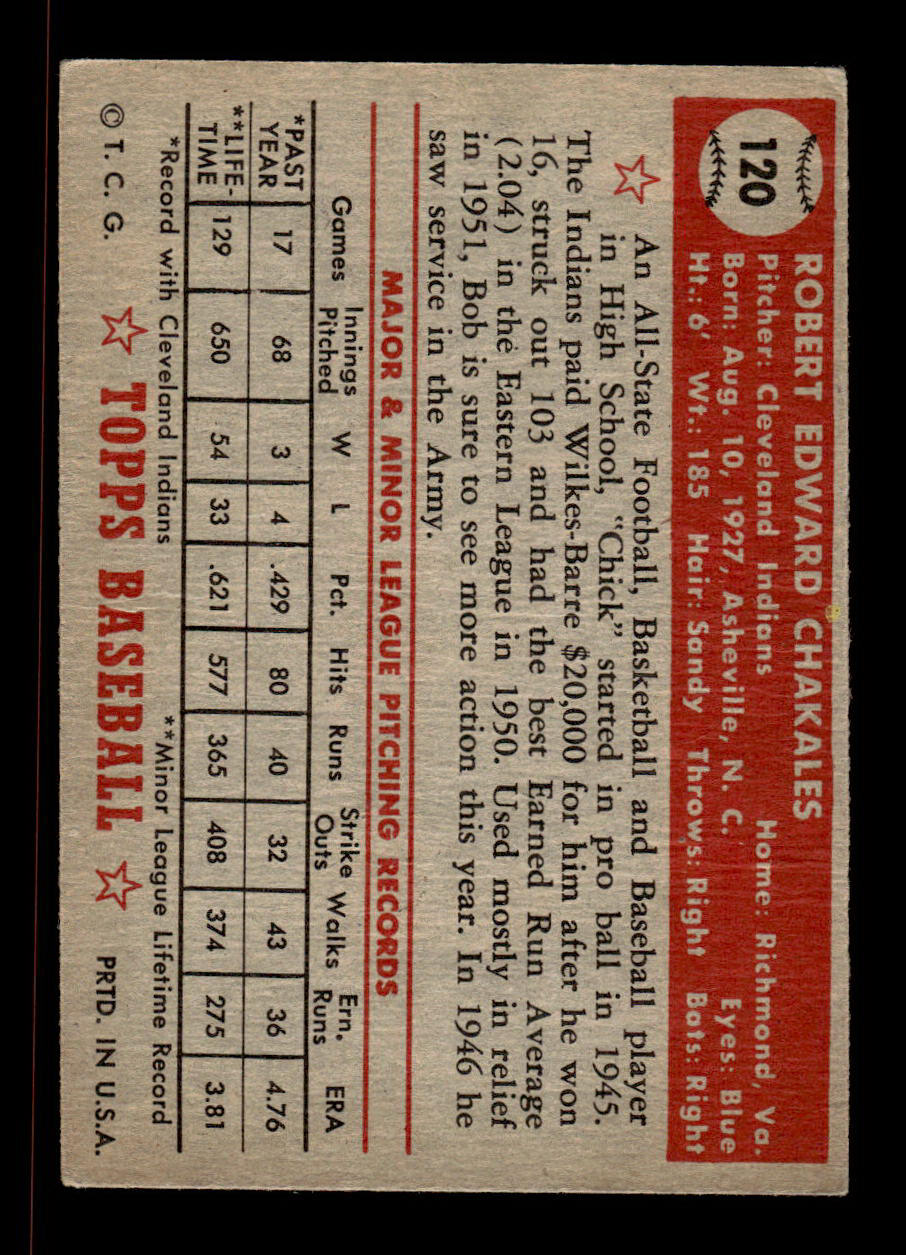 1952 Topps #120 Bob Chakales Cleveland Indians Crease Free EX HOF-10006746