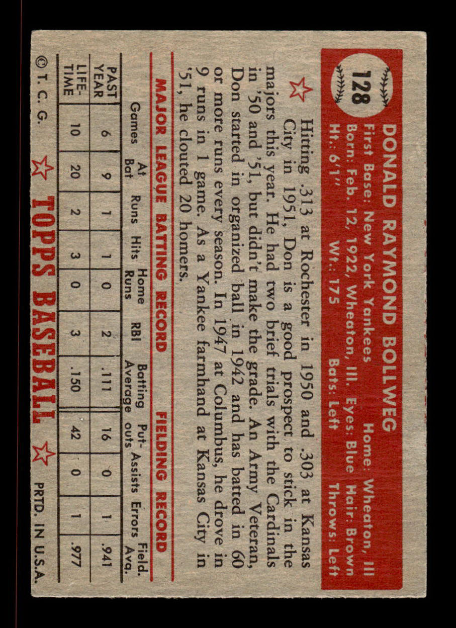 1952 Topps #128 Don Bollweg New York Yankees Crease Free EX HOF-10006754
