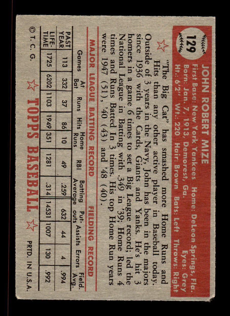 1952 Topps #129 Johnny Mize New York Yankees Crease Free EX HOF-10006755