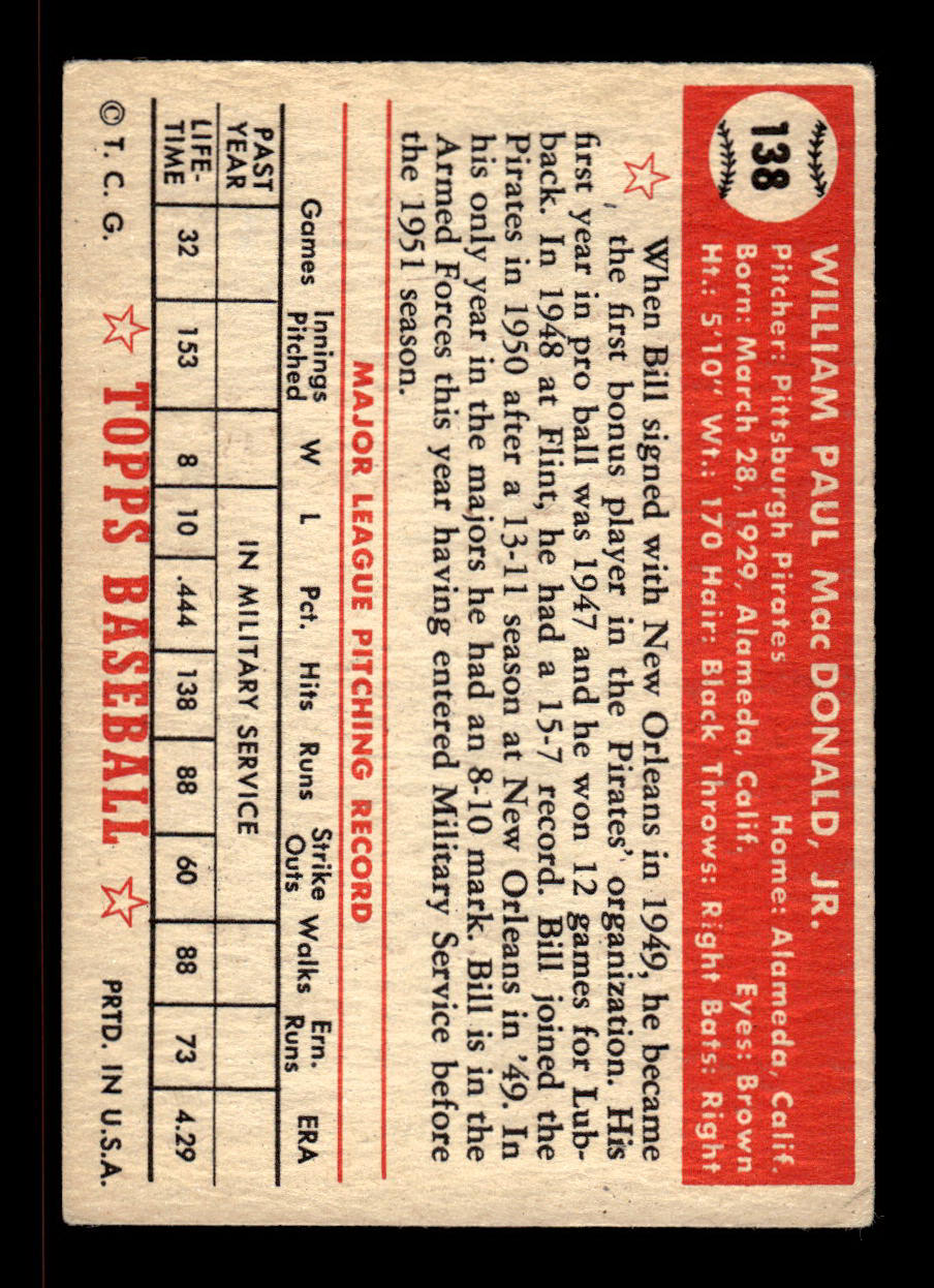 1952 Topps #138 Bill Macdonald Pittsburgh Pirates Crease Free EX HOF-10006764