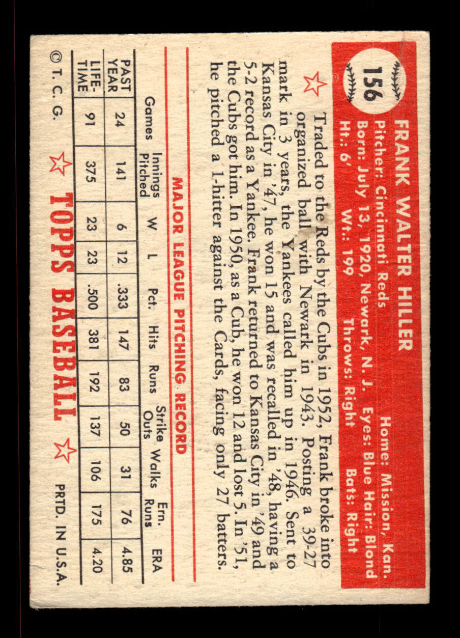 1952 Topps #156 Frank Hiller Cincinnati Reds Crease Free EX HOF-10006881