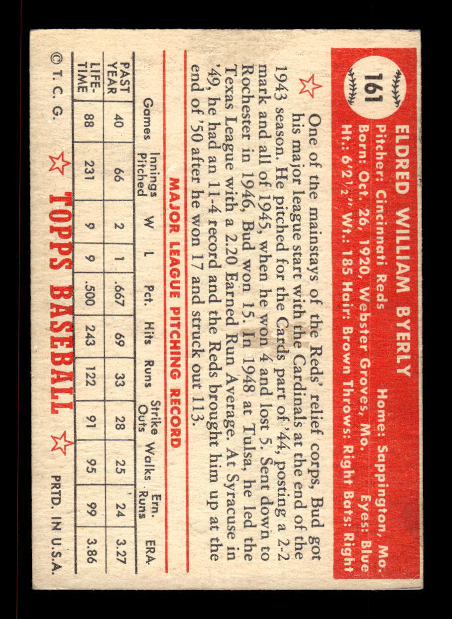 1952 Topps #161 Bud Byerly Cincinnati Reds Crease Free EX HOF-10006886