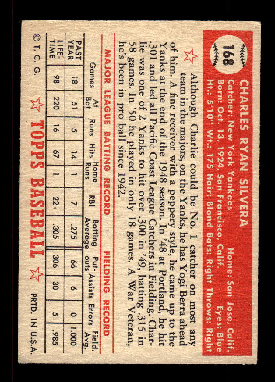 1952 Topps #168 Charlie Silvera New York Yankees Crease Free EX HOF-10006893