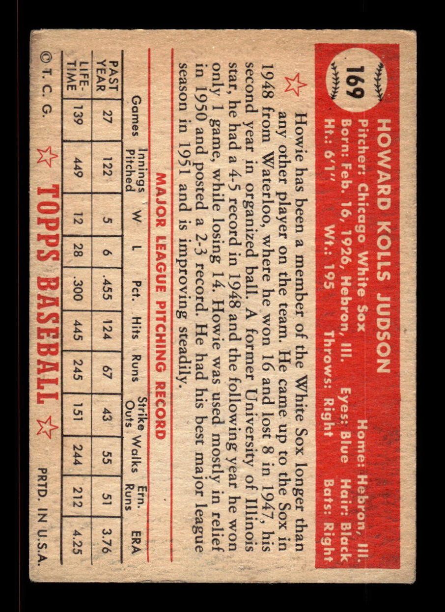 1952 Topps #169 Howie Judson Chicago White Sox Crease Free EX HOF-10006894