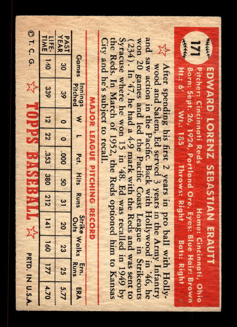 1952 Topps #171 Ed Erautt Cincinnati Reds Crease Free EX HOF-10006896
