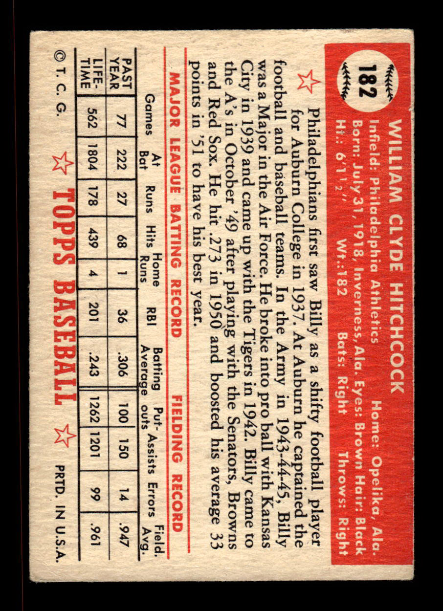 1952 Topps #182 Billy Hitchcock Phila Athletics Crease Free EX HOF-10006907