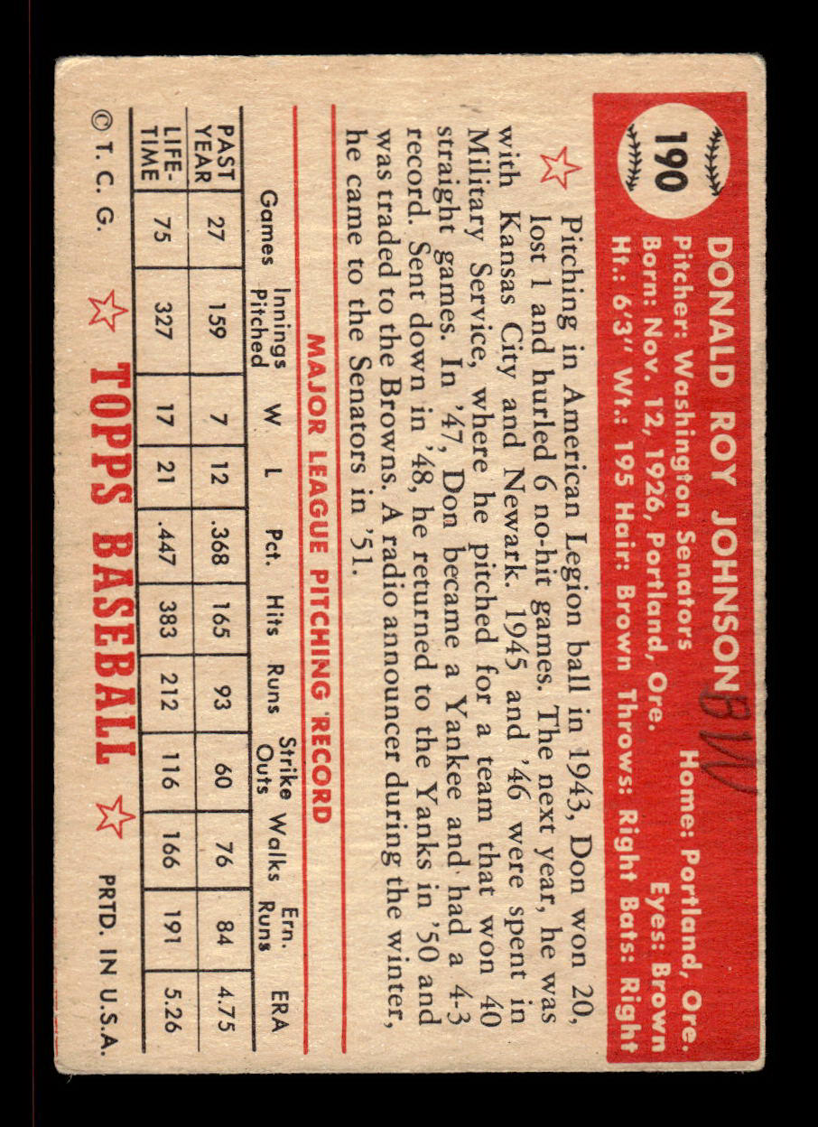 1952 Topps #190 Don Johnson Washington Senators MK Back EX HOF-10006915