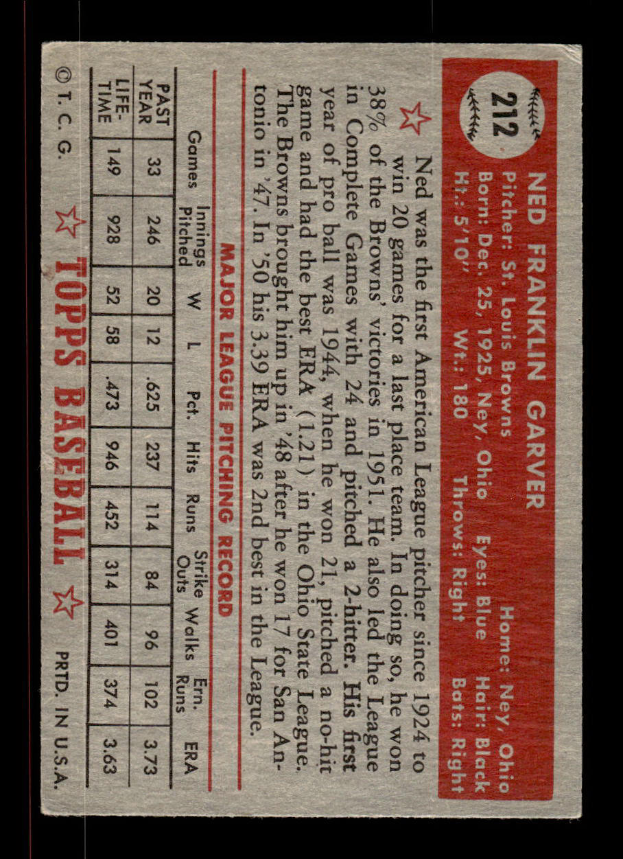1952 Topps #212 Ned Garver St. Louis Browns Crease Free EX HOF-10006937