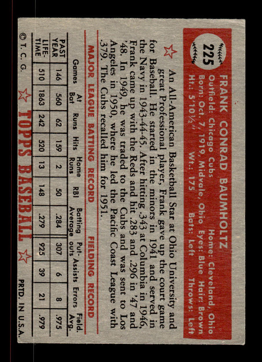 1952 Topps #225 Frank Baumholtz Chicago Cubs Crease Free EXMT HOF-10006950