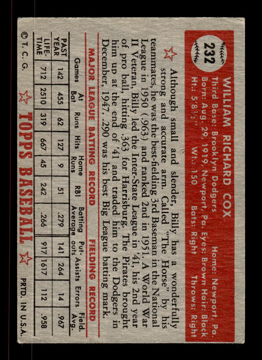 1952 Topps #232 Billy Cox Brooklyn Dodgers Crease Free EX HOF-10006957