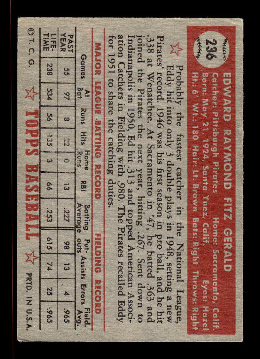 1952 Topps #236 Ed FitzGerald Pittsburgh Pirates Crease Free EXMT HOF-10006961