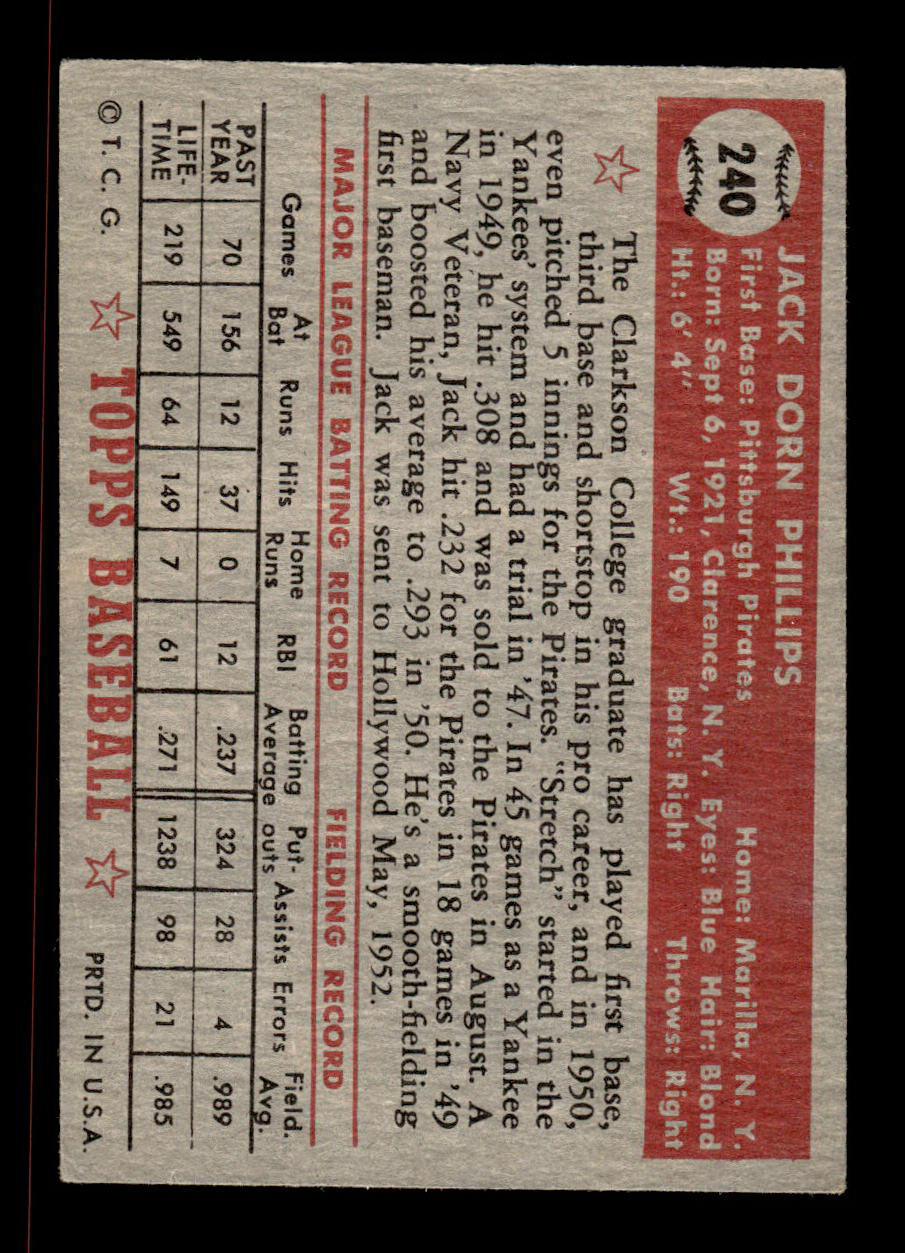 1952 Topps #240 Jack Phillips Pittsburgh Pirates Crease Free EX HOF-10006964