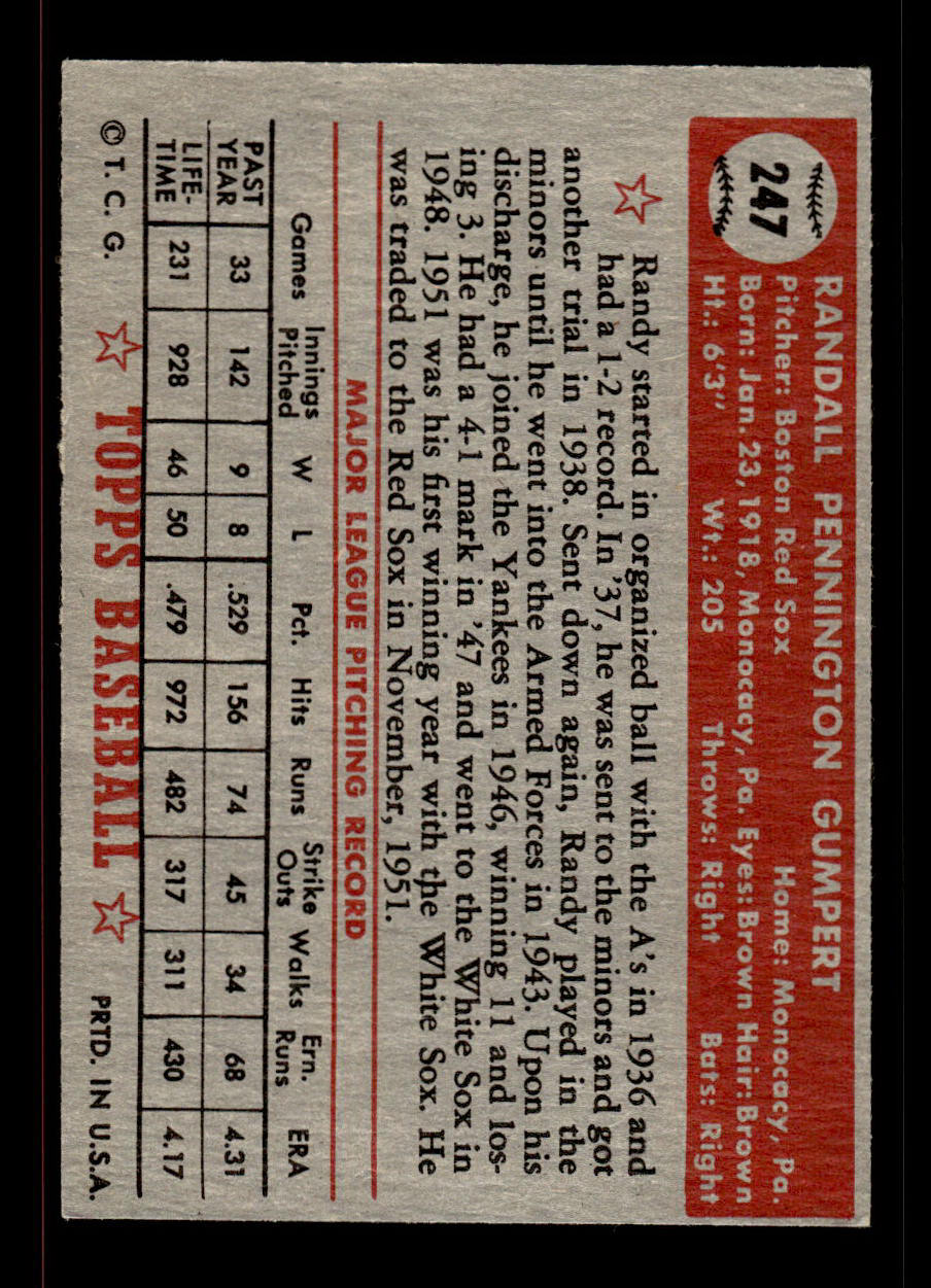 1952 Topps #247 Randy Gumpert Boston Red Sox Crease Free EXMT HOF-10006971