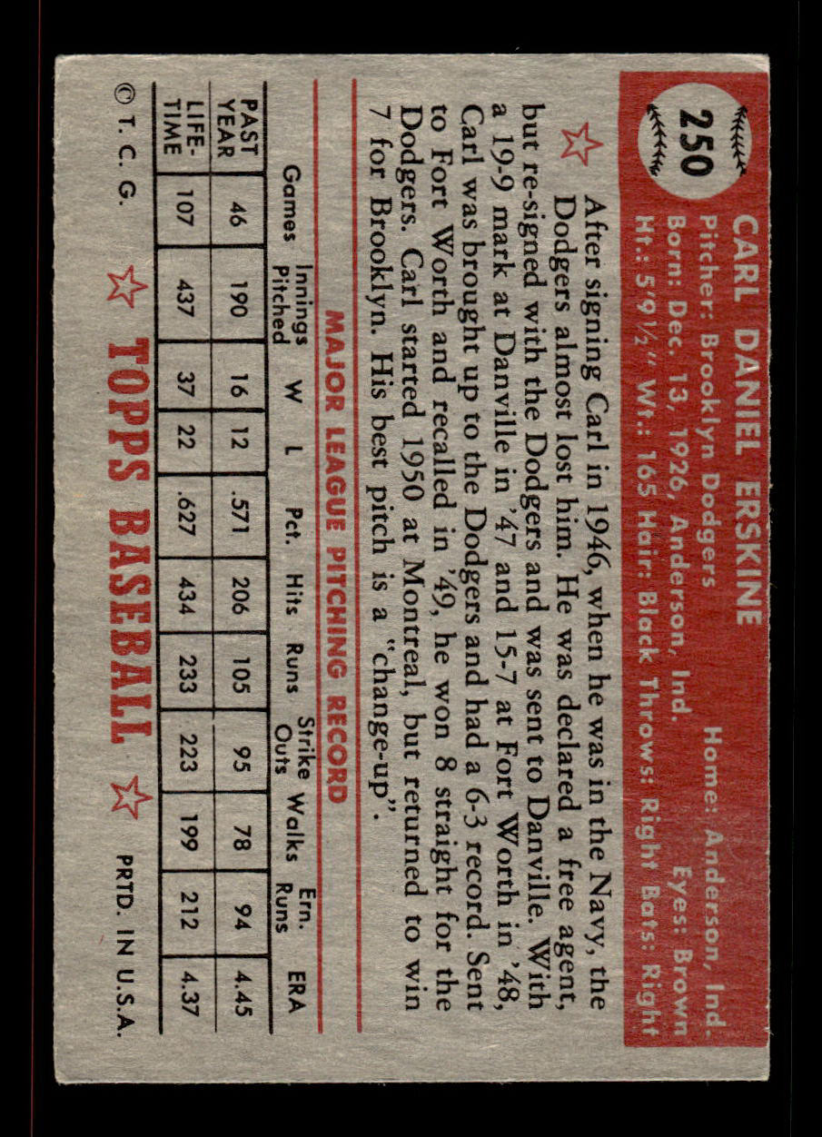 1952 Topps #250 Carl Erskine Brooklyn Dodgers Crease Free EX HOF-10006974