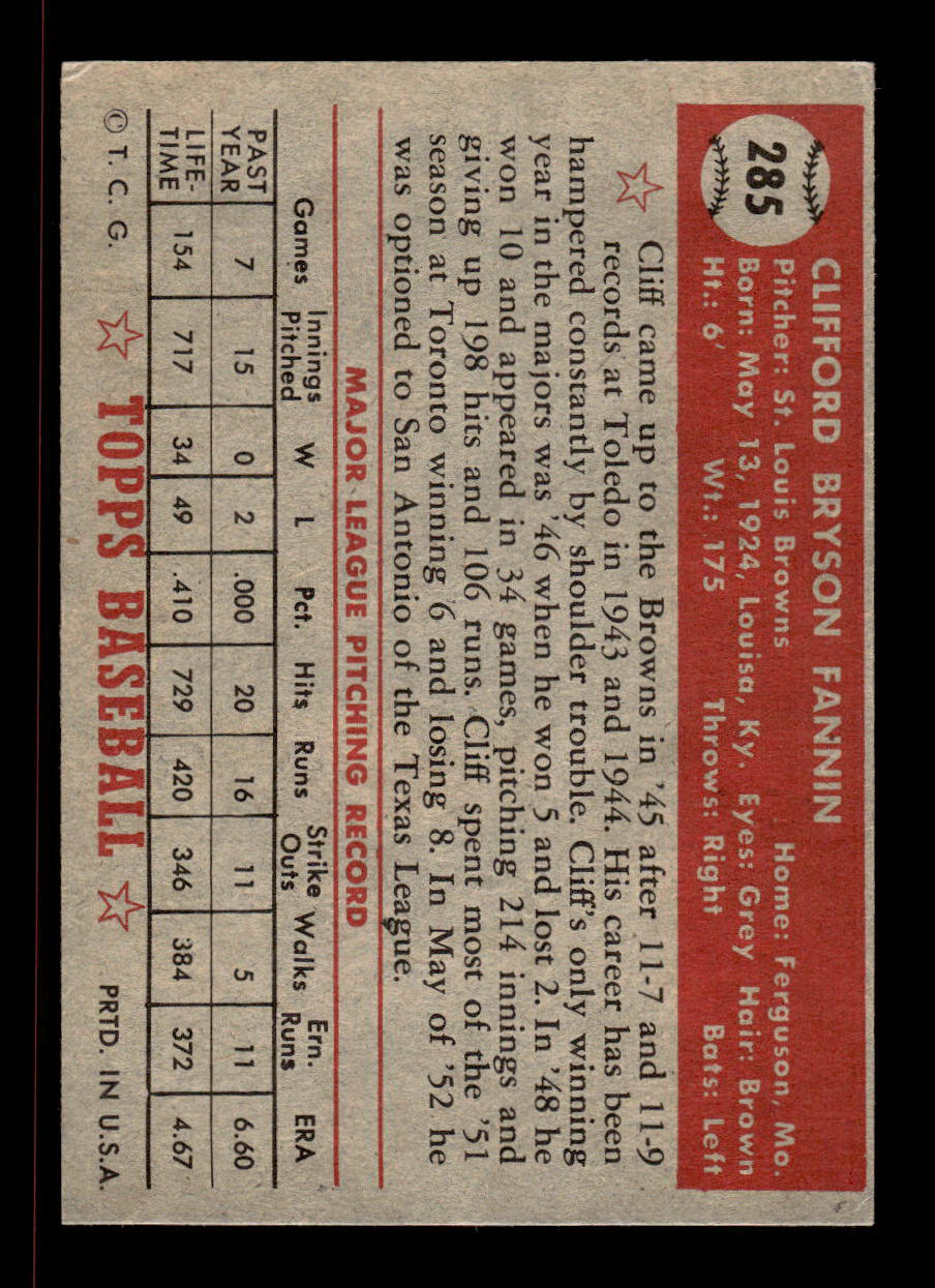 1952 Topps #285 Cliff Fannin St. Louis Browns Crease Free EXMT HOF-10007007