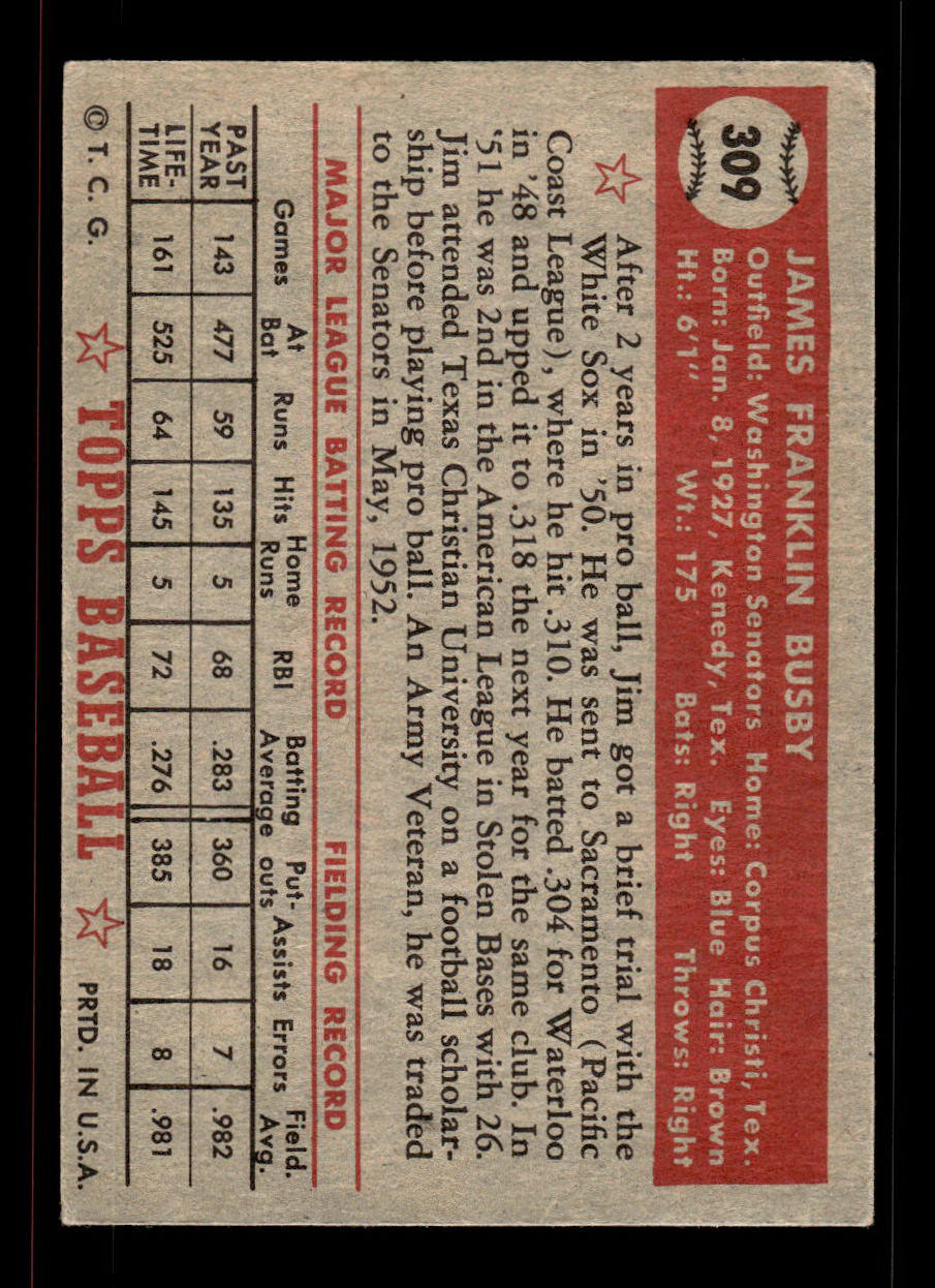 1952 Topps #309 Jim Busby Washington Senators Crease Free EX HOF-10007028