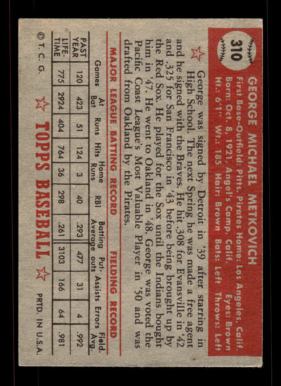 1952 Topps #310 George Metkovich Pittsburgh Pirates VGEX HOF-10007029