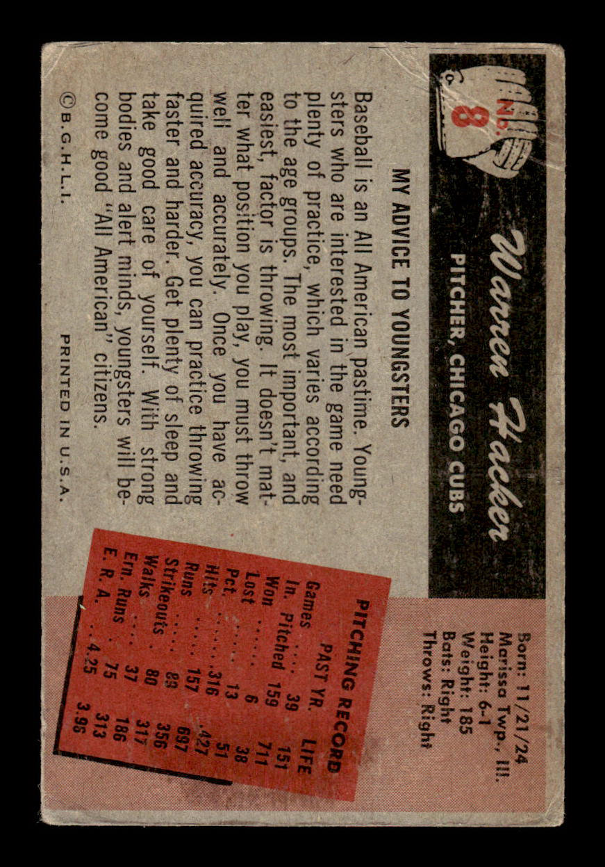 1955 Bowman #8 Warren Hacker Chicago Cubs G/VG 55B10007044