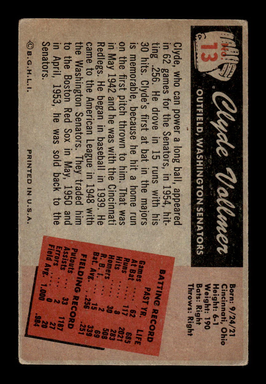 1955 Bowman #13 Clyde Vollmer Washington Senators G/VG 55B10007049