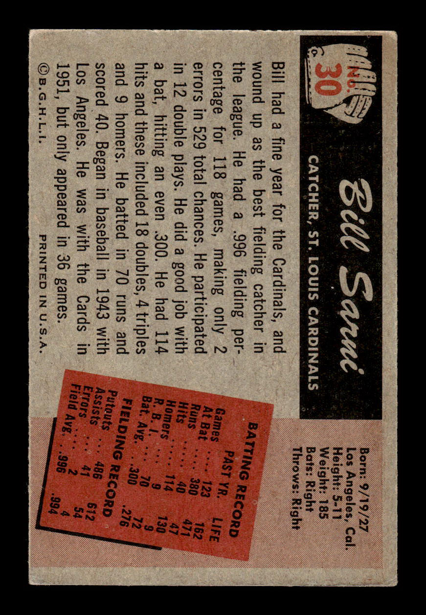 1955 Bowman #30 Bill Sarni St. Louis Cardinals VG 55B10007066
